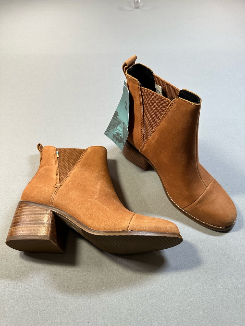 NWT Toms Esme Slip-On Boot, Stacked Heel, Tan Leather - Womens 7